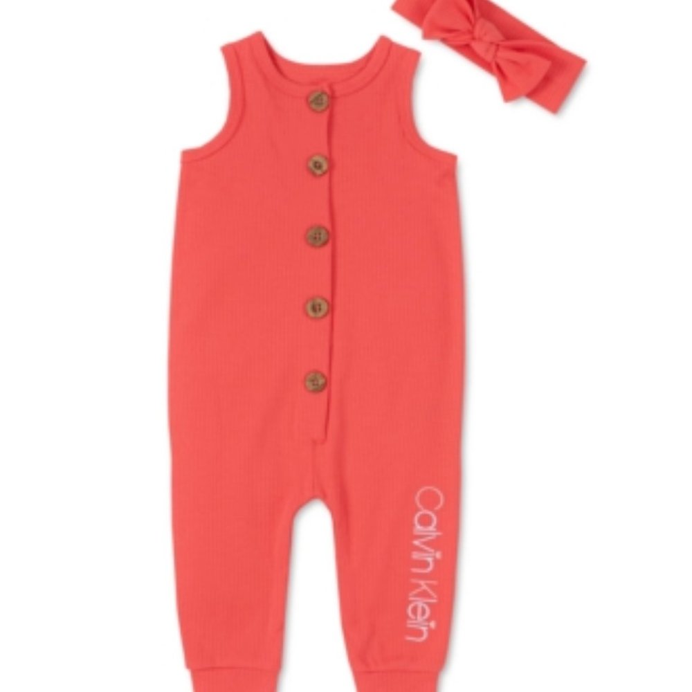Calvin Klein Cotton Ribbed Coverall & Headband Set In Coral Baby Girl NWT